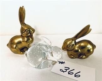 Set of two brass rabbits and one glass rabbit $25