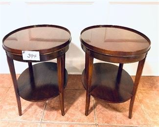 Two BRANDT mahogany end tables 
(One repair see photo) minor leg scratches. $200 pair. 