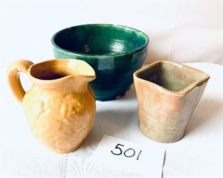 Lot of three pottery pieces bowl 7 inches wide , picture and vase 4 inches tall -lot price $22