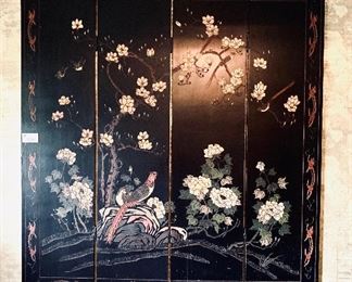 # 424- Oriental vintage black screen 4 panels 65 1/2 inches wide by 72 inches tall $1000