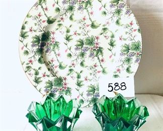 12 inch charger and two green candle holders lot price $22