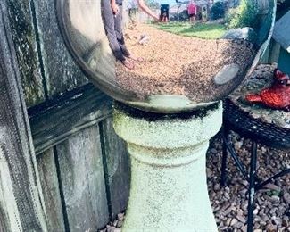 GARDEN GAZING BALL AND CONCRETE STAND. 33” t. 12” w 
$49