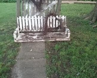 old porch swing.  Gate not available just used for inspiration.  Birch heart wreaths available separately