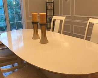 “Impressions” by Thomasville Oval Dining Room Table            Whitewashed Wood  72"L x 44"w                                                              (2) 18" Leaves &  6 Chairs, 2 w/Arms, 
4 Armless & Custom Table Pads, - $700