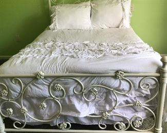 Wrought Iron Bed w/Headboard & Footboard,            full size. $250
Mattress and box spring  $150
White comforter set $50