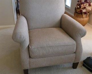 $225 - Crate & Barrel Accent chair (2 available).  Very clean tweedy textured neutral color fabric. 35" w x 36" d (after)