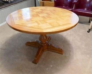 $85 - Adjustable height game table.  Nice oak parquetry top. Pedestal leg.  Lifts from 18" high up to 29" high.  40" diameter.  (after) 