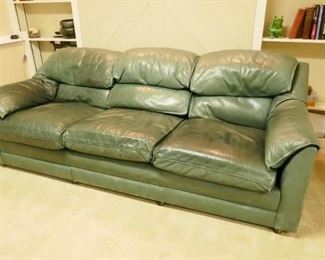$225 - Hancock and Moore Green leather sofa, well aged yet structurally sound.   85"w x 30"h x 36"d.  