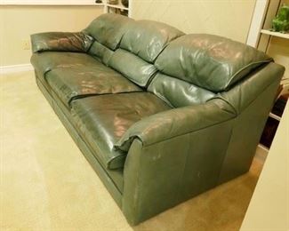 $225 - Hancock and Moore Green leather sofa, well aged yet structurally sound.   85"w x 30"h x 36"d.   