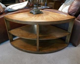 $55 - Drexel Heritage 1/4 circle oak side table.  32" from corner to curved edge on each side. 36" high. 