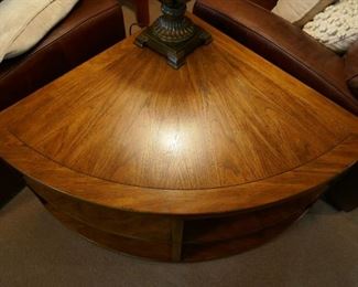 $55 - Drexel Heritage 1/4 circle oak side table.  32" from corner to curved edge on each side. 36" high. 