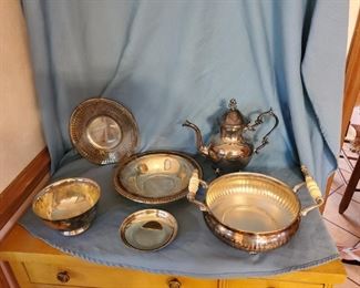 P-LR-141     $50   Bowl with handles Eales silverplate  1779 Webster Wilcox Bowl on pedestal silverplate, Sheridan silverplate large bowl, silverplate covers, Coffee pot silver on copper..hallmark