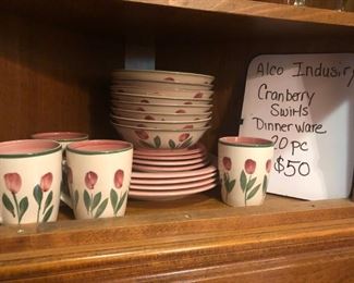 P-K-33   $50  Cranberry Swirls Dinnerware 20 Pc