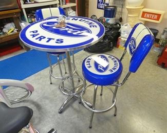 FORD PARTS TABLE & STOOLS 
