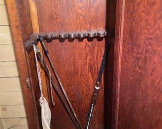 Vintage/antique wood gun closet, riding whips, BB gun
