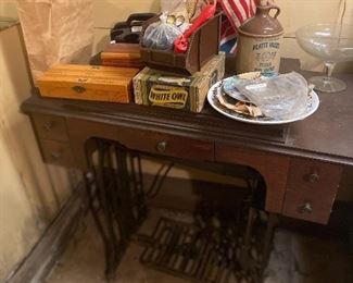 Antique treadle sewing machine cabinet, more