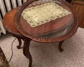 Antique end table with removable glass tray
