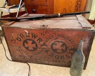 Drewry & Sons wood crate and glass bottle; BB rifle- Daisy