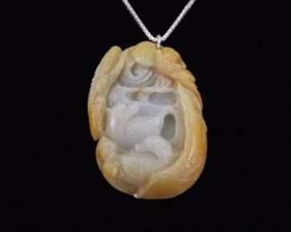.925 Sterling Silver Large Carved Yellow Jade Pendant Necklace