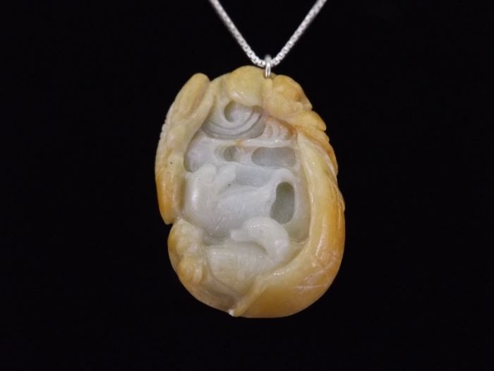 .925 Sterling Silver Large Carved Yellow Jade Pendant Necklace

