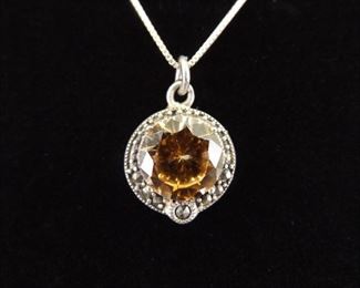 .925 Sterling Silver Art Nouveau Faceted Citrine Crystal Pendant Necklace
