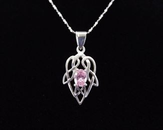 .925 Sterling Silver Celtic Oval Cut Pink Sapphire Crystal Pendant Necklace
