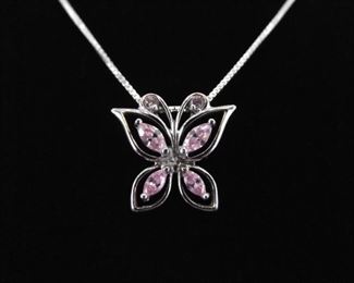 .925 Sterling Silver Pink Sapphire Butterfly Pendant Necklace
