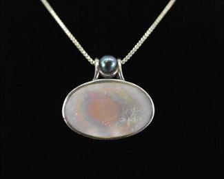 .925 Sterling Silver Genuine Blue Pearl Accented Inlayed Mother of Pearl Pendant Necklace

