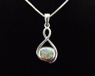 .925 Sterling Silver Opal Cabochon Pendant Necklace
