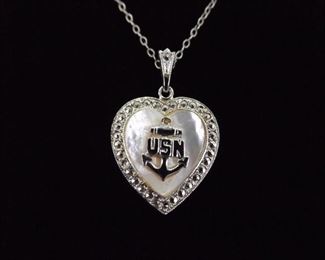 .925 Sterling Silver Art Nouveau Mother of Pearl USN Heart Pendant Necklace
