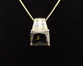 .925 Sterling Silver Square Cut Emerald Crystal Vermeil Pendant Necklace
