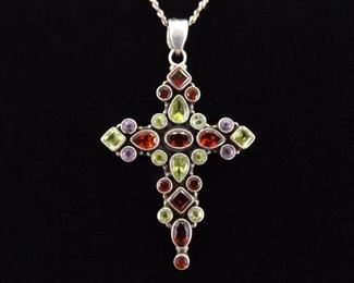 .925 Sterling Silver Large Garnet and Peridot Crystal Cross Pendant Necklace
