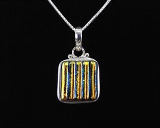 .925 Sterling Silver Gold and Blue Ribbed Dichroic Pendant Necklace
