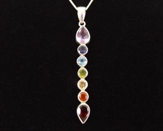.925 Sterling Silver Multi Colored Crystal Pendant Necklace
