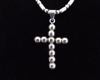 .925 Sterling Silver Heavy Ball Cross Pendant Necklace
