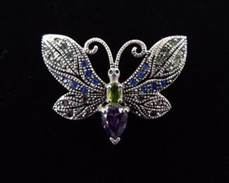 .925 Sterling Silver Multi Colored Crystal Butterfly Brooch
