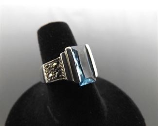 .925 Sterling Silver Art Nouveau Emerald Cut Topaz Crystal Ring Size 7
