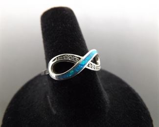 .925 Sterling Silver Inlayed Opal Infinity Ring Size 7.5
