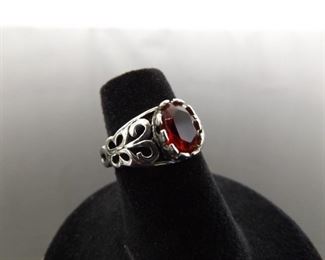 .925 Sterling Silver Oval Cut Ruby Crystal Scrolled Ring Size 5
