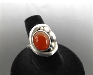 .925 Sterling Silver Amber Crystal Cabochon Ring Size 6.5
