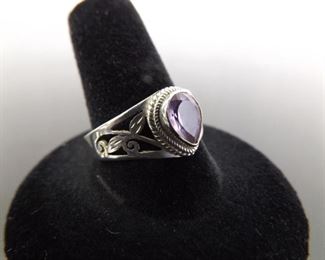 .925 Sterling Silver Pear Cut Amethyst Crystal Ring Size 9.5
