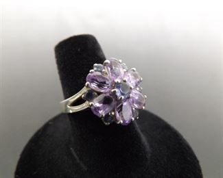 .925 Sterling Silver Amethyst Crystal Flower Ring Size 7
