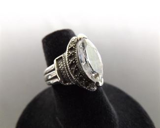 .925 Sterling Silver Marquise Cut Crystal Ring Size 5.5
