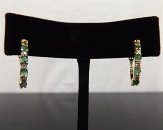 .925 Sterling Silver Diamond Accented Emerald Vermeil Hook Clamp Earrings
