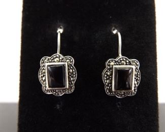 .925 Sterling Silver Art Nouveau Black Onyx Hook Earrings
