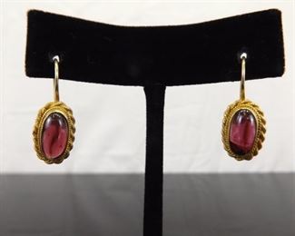 .925 Sterling Silver Amethyst Cabochon Vermeil Hook Earrings
