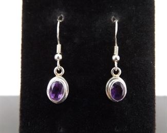 .925 Sterling Silver Amethyst Cabochon Hook Dangle Earrings
