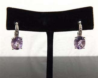 .925 Sterling Silver Faceted Amethyst Crystal Hook Latch Earrings
