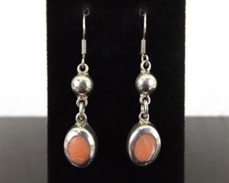 .925 Sterling Silver Inlayed Pink Opalite Dangle Hook Earrings

