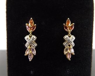 .925 Sterling Silver Diamond Accented Amethyst and Garnet Vermeil Dangle Post Earrings

